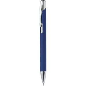 A blue pen with a smooth finish and chrome accents, featuring a clip and a logo.
