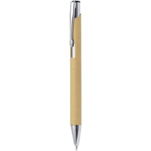 A yellow ballpoint pen with a chrome clip and tip, featuring a sleek design and a branding logo.