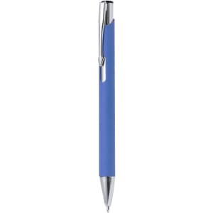 A blue pen with a chrome tip and clip. The pen features a smooth design and a raised section for grip.