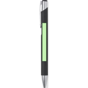 A pen with a black body, chrome accents, and a green section for branding or personalisation.