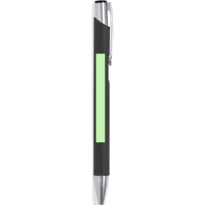 A pen with a black body, silver tip, and a green accent section featuring a clip.