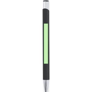 A black pen with a green accent and a metallic tip, featuring a branding logo.