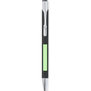 A black pen with a silver clip and a green accent, featuring a smooth, sleek design.