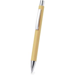 A yellow pen with a chrome clip and tip, featuring a smooth, sleek design.