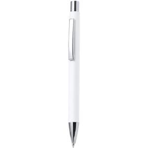 A white pen with a chrome clip and tip, featuring a sleek design and a branding logo.