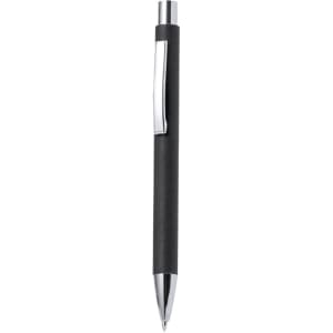 A black pen with a silver clip and tip, featuring a sleek design and a branded logo.
