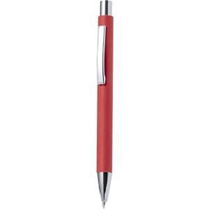 A red pen with a chrome clip and a sleek design, featuring a rubberised grip.