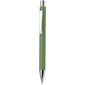 A green pen with a silver clip and a sleek design, featuring a logo on the barrel.