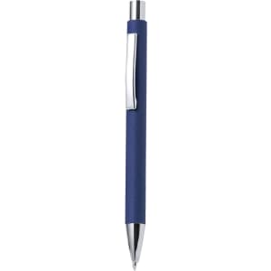 A navy blue pen with a chrome clip and silver tip, featuring a smooth finish and a sleek design.