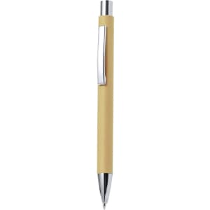 A yellow pen with a chrome clip and a sleek design. It features a shiny stainless steel tip.