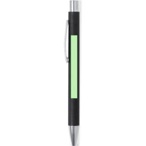 A black pen with a silver clip and a green accent strip, featuring a smooth writing tip.