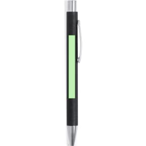 A black pen with a green accent and a silver clip, featuring a sleek design and a logo.