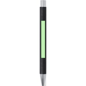 A sleek black pen with a green accent and a shiny silver tip, featuring a logo on the side.