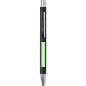 A black pen with a silver clip and a green accent, featuring a logo on its side.