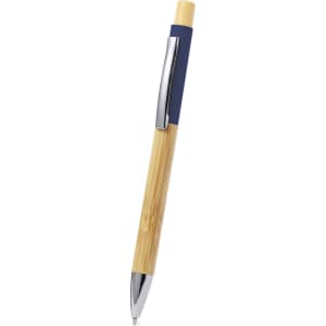 A wooden pen featuring a bamboo barrel and navy accents, with a silver clip and top. It has a logo on its surface.
