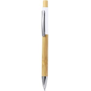 A wooden pen with a bamboo barrel and chrome accents, featuring a white clip and a branded logo.