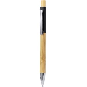 A wooden pen with a bamboo barrel, black top, and a silver clip, featuring a branding logo.