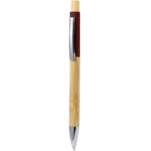 A wooden pen with a bamboo barrel, a red top section, and a silver clip. It has a modern and natural design.