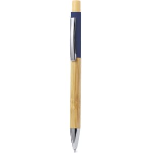 A wooden pen with a bamboo barrel and a blue top, featuring a silver clip and trim, with a logo.