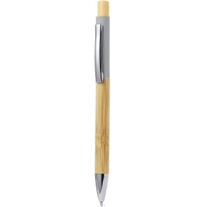 A wooden pen with a bamboo barrel and grey accents, featuring a silver clip and tip.