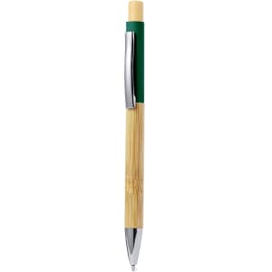 A wooden pen with a bamboo body, green grip, and silver accents. It features a logo on its surface.