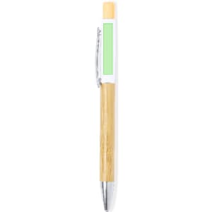 A wooden pen with a light green section and silver clip, featuring a logo on its barrel.