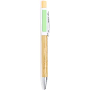 A wooden pen with a light green barrel and metallic silver clip, featuring a logo.