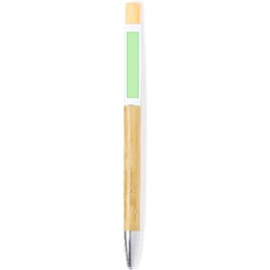 A wooden pen with a bamboo body, a green section, and a silver tip. It features a logo on the barrel.