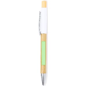A wooden pen with a natural finish, white accents, and a green section, featuring a clip and a shiny silver tip.