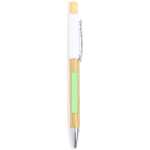 A wooden pen with a natural finish, white and green accents, and a chrome clip. It features a logo.