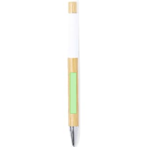 A wooden pen featuring a bamboo body, white top, and green accent, with a silver tip and branding.