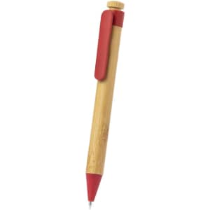 A wooden pen with a bamboo body and a red clip and tip. It features a logo.