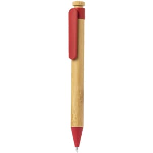 A bamboo pen with a red clip and top knob, featuring a simple design and a logo.
