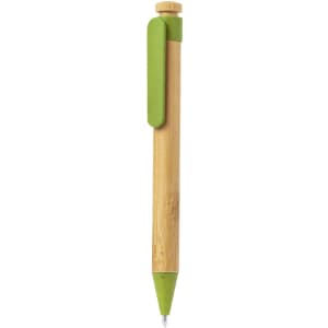 A wooden pen in natural bamboo with a green clip and end. It features a branding logo.