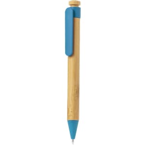 A wooden pen featuring a bamboo shaft and turquoise accents, complete with a clip and top knob.