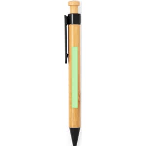 A wooden pen in bamboo finish with a black tip and clip, featuring a green accent. The pen has a logo displayed.