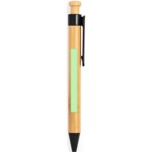 A wooden pen with a natural bamboo finish and a black tip, featuring a green area and a clip.