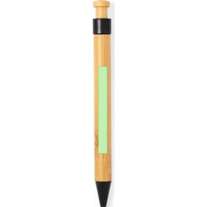A wooden pen in natural bamboo with a black tip and a green accent section, featuring a logo.