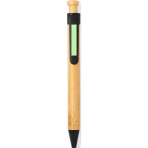 A wooden pen featuring a bamboo body, black accents, and a green highlighting section. It has a logo on the side.