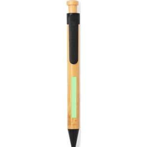 A wooden pen with a bamboo finish, black accents, and a green highlight. The pen features a logo.
