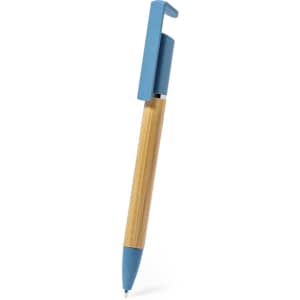 A wooden pen with a bamboo body and a bright blue cap, featuring a branding logo.
