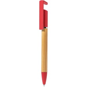 A wooden pen with a bamboo barrel and a red cap, featuring a logo.