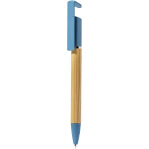 A wooden pen featuring a bamboo body and a blue cap, with a logo on its surface.