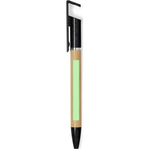 A wooden pen featuring a bamboo body and black accents, equipped with a clip for easy carrying.
