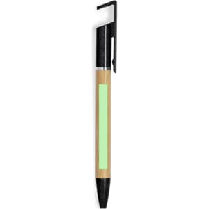 A wooden pen with a bamboo barrel, featuring a black clip and tip, and a light green accent.