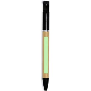 A wooden pen with a bamboo barrel and black accents, featuring a logo on its side.