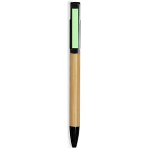 A wooden pen with a bamboo body and a black tip, featuring a space for branding.
