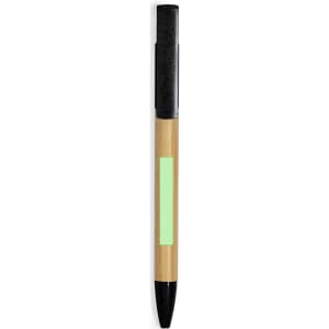 A wooden pen with a light wood body, black accents, and a blank section for branding.