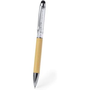 A ballpoint pen with a bamboo barrel, chrome accents, and a stylus tip, featuring a logo on its side.