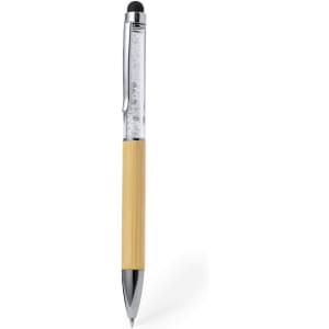 A bamboo stylus touch ball pen with chrome accents and a black tip, featuring a sleek design and a branding logo.